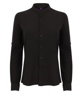 Henbury H593 - Ladies Roll Sleeve Mandarin Anti-Bac Wicking Shirt Black